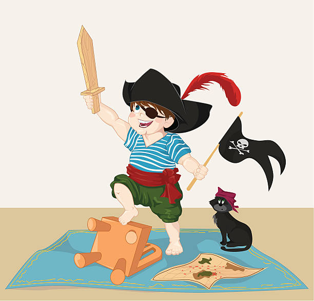 Está a tocar Menino Pirata com seu gato. - ilustração de arte vetorial