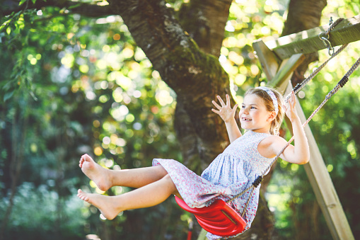 Happy little preschool girl having fun on swing in domestic garden. Cute healthy child swinging under blooming trees on sunny spring day. Kid laughing and crying