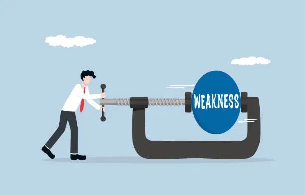 Vector illustration of Reducing self-weakness, endeavor for personal growth and development concept, Businessman using clamping to squeeze and reduce size of weakness ball.