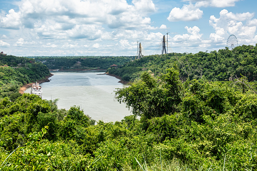 Landmark of the three borders, hito tres fronteras, Paraguay, Brazil and Argentina at Puerto Iguazu in Argentina