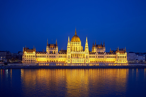 Budapest Parliament at dusk, Hungary.