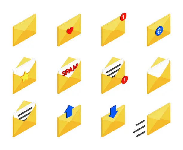 Vector illustration of Envelopes and emails isometric set