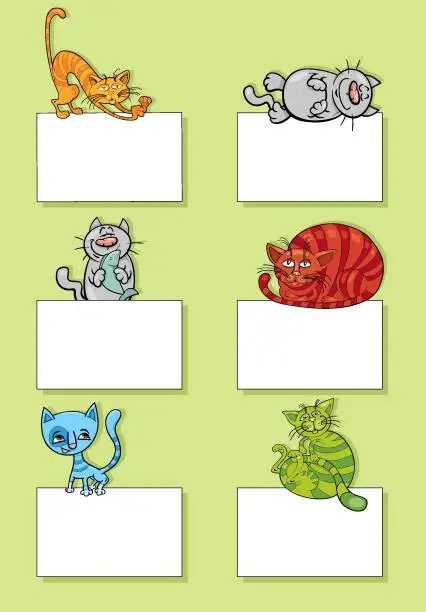 Vector illustration of cartoon cats and kittens with cards design set