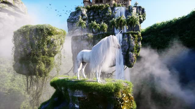 Magic unicorn and fantasy fairytale flying rocks. Realistic 4k animation.