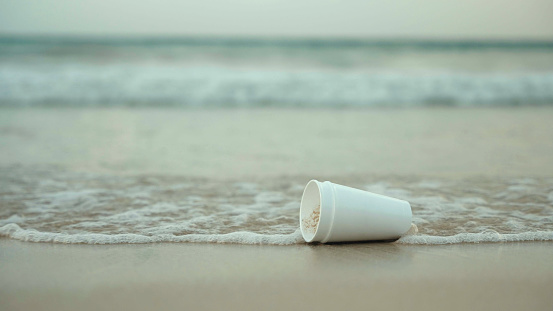 White foam cup on the sand on the seashore floating on the waves. People leave plastic waste and trash on the beach. Environment protection of nature. High quality 4k footage