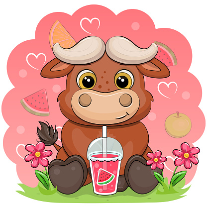 Vector illustration of an animal with a watermelon and an apple and hearts on a pink background.