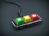 Service rating, satisfaction concept. Mini keyboard with satisfaction feedback keys buttons. 3d rendering