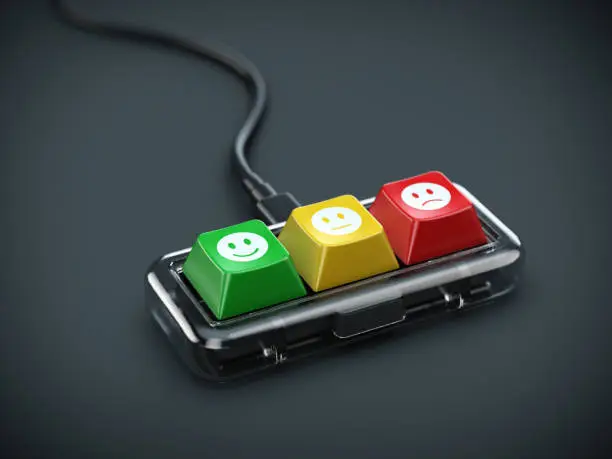 Photo of Service rating, satisfaction concept. Mini keyboard with satisfaction feedback keys buttons. 3d rendering
