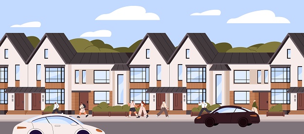 Residential townhouses, homes row in modern city. Urban attached compound buildings exterior, architecture, real estate. Town houses and people panorama, street outdoor view. Flat vector illustration.