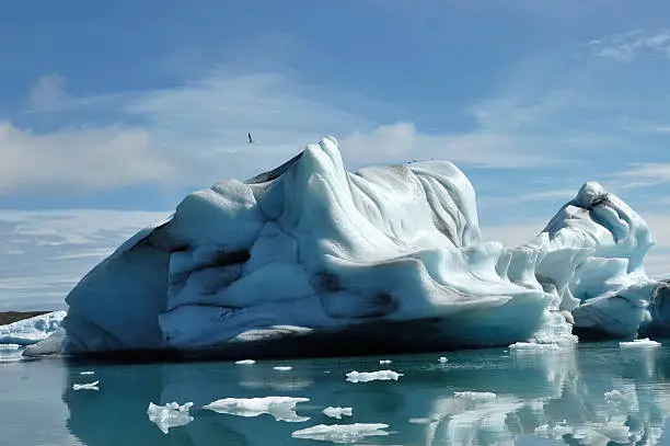 Drifting icebergs in Jokulsarlon lagoon at summer sunny day, Iceland..