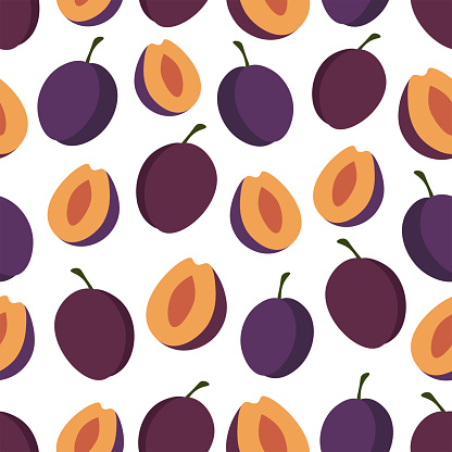 istock Vector plums pattern. Collection of whole and cut blue plum fruits isolated on white background, vector illustrations. Set of plum icons 1516460711