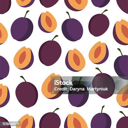 istock Vector plums pattern. Collection of whole and cut blue plum fruits isolated on white background, vector illustrations. Set of plum icons 1516460711