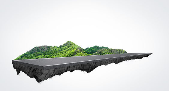 country road and green trees in summer. 3d illustration of a piece of green land isolated, unusual illustration. mountain view.