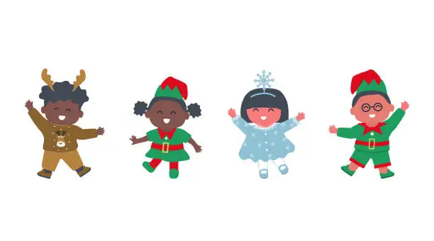 Vector illustration of Christmas kids party. Cute children in Christmas costumes dance. Christmas tree, Elfs, Snowflake and Deer in the image. Vector illustration