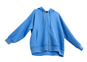 Blue zipper hoodie flying isolated on white. Fashion sport clothes object. Male, female sportswear.