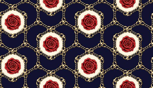 Pattern with red roses, hexagons, jewelry chains Abstract geometric pattern with red roses, hexagons, golden realistic jewelry chains, beads on dark blue background. Vintage geometric backdrop. Classic elegance design. blue rose against black background stock illustrations