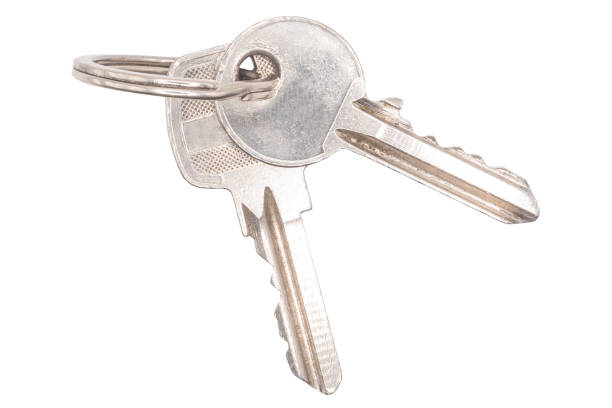 details of key ring with various door and car keys against a white background