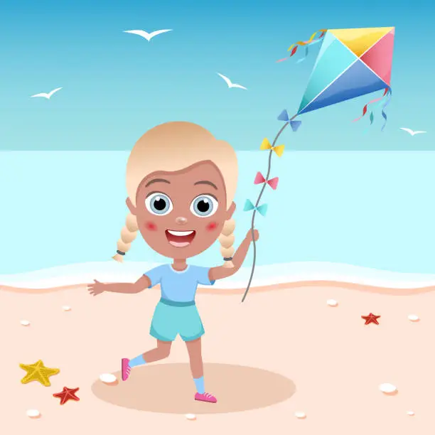 Vector illustration of kid playing kite