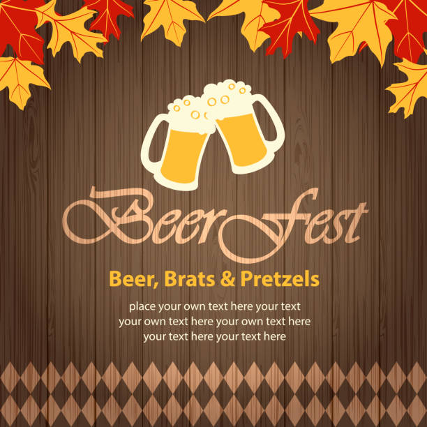 Beer Festival Beer in Autumn Beer celebratory toast clipart with maple leaf and rhombus pattern in wooden background. background of a cheers beer mugs stock illustrations