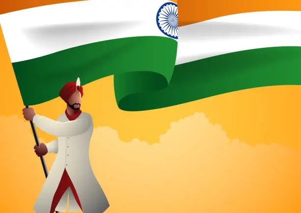 Vector illustration of Traditional Indian flag bearer celebrating Independence Day with pride
