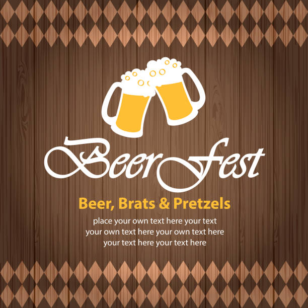 Beer Festival Beer in Wooden Background Beer celebratory toast clipart with rhombus pattern in wooden background. background of a cheers beer mugs stock illustrations