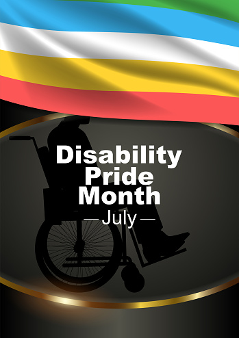 Silhouette of a man in a wheelchair with Disability Pride Month flag as decoration, the Americans with disabilities act