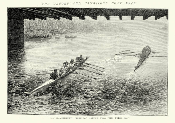 istock Passing under Hammersmith Bridge during the 29th Oxford and Cambridge university boat race of 1872, during a snow storm, Cambridge in the lead 1516531765