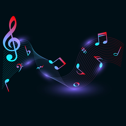 Colorful music notes with purple glow on dark background, isolated musical vector illustration.