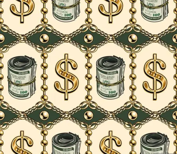 Vector illustration of Pattern with chains, dollar sign, money rolls