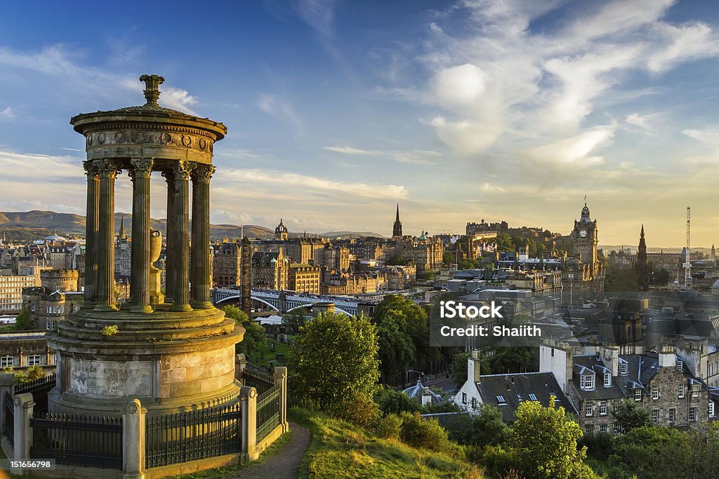 View of the castle from Calton Hill at sunset View of the castle from Calton Hill at sunset. Edinburgh - Scotland Stock Photo
