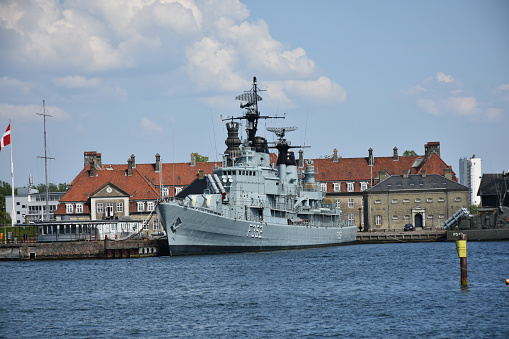 Copenhagen, Denmark - May 14, 2023: Denmark Warship At Holmen Copenhagen Harbor, Building Exterior, Sea View During Springtime In Denmark Scandinavia Northern Europe