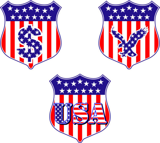 ilustraciones, imágenes clip art, dibujos animados e iconos de stock de american patriótica estadounidense símbolos - shield crown blue badge