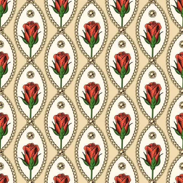 Vector illustration of Geometric pattern with buds of roses, gold chains