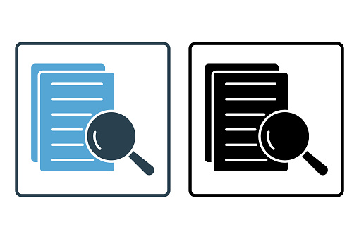 Search file icon, Research, Magnifying glass, document. Solid icon style design. Simple vector design editable