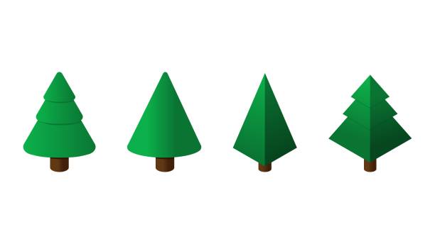 isometrische weihnachtsbäume gesetzt. sammlung von kegel- und pyramidenförmigen isometrischen bäumen isoliert auf weißem hintergrund. low-poly-vektor weihnachten, neujahrssymbol für website, app, spiel, karte, banner - pyramid shaped stock-grafiken, -clipart, -cartoons und -symbole