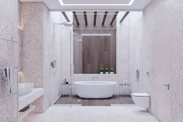 istock Modern marble bathroom interior. Hotel, luxury design concept. 3D Rendering. 1516623472
