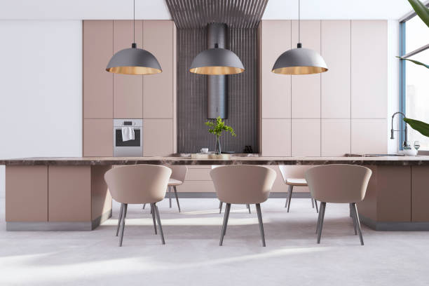 istock Front view of modern kitchen interior design with big marble dining table with chairs, beige walls and contemporary lamps. 3D Rendering 1516624010
