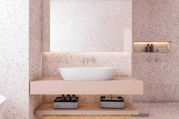 istock Front view of light modern bathroom interior design with tiles stone walls. 3D Rendering 1516624610