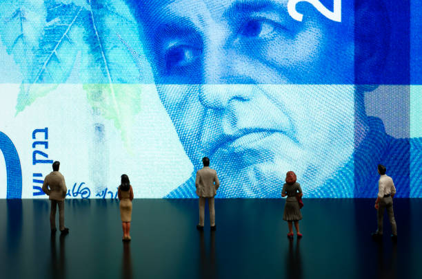 Banknotes: Israeli new shekel 2 Businessman/Politician figurines scrutinize the Israeli new shekel on screen (Economy of Israel) israeli coin stock pictures, royalty-free photos & images