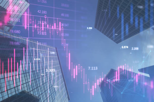 istock Abstract downward purple forex chart on blurry city backdrop. Crisis and recession concept. Double exposure. 1516649389