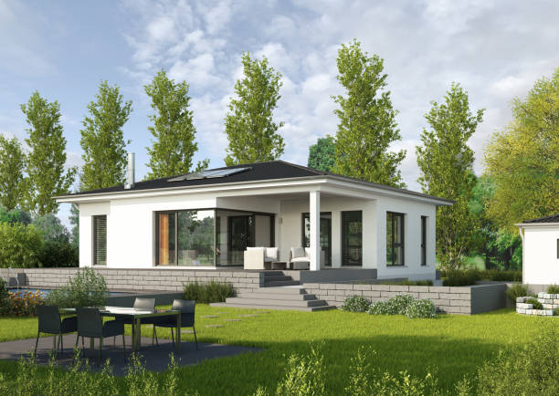 istock Modern white bungalow with large garden 1516663819