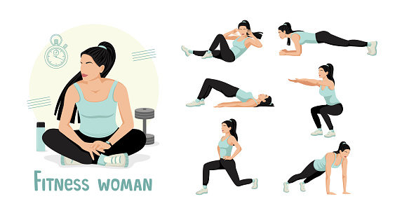 Set of workouts for women. Fitness classes. Lunges, Push-ups, Squats, Plank. Body workout. The concept of an active and healthy life. Vector illustration isolated on white background