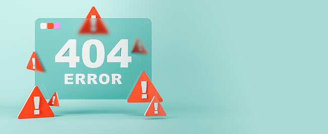 Abstract 404 error with caution marks on wide blue background with mock up place. Page not found mistake and support concept. 3D Rendering
