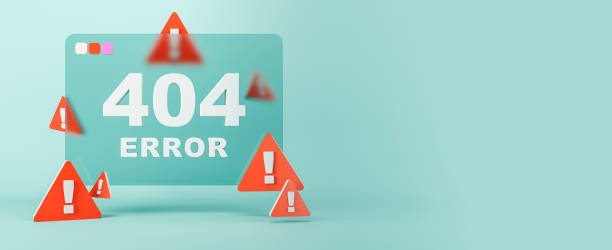 Abstract 404 error with caution marks on wide blue background with mock up place. Page not found mistake and support concept. 3D Rendering. stock photo