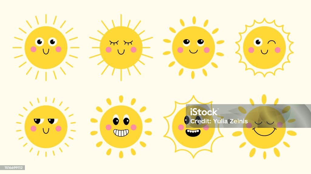 Collection of cute groovy cartoon sun characters. Funny faces with shining light rays in flat style. - Royalty-free 1960-1969 arte vetorial Collection of cute groovy cartoon sun characters. Funny faces with shining light rays in flat style. - Royalty-free 1960-1969 arte vetorial