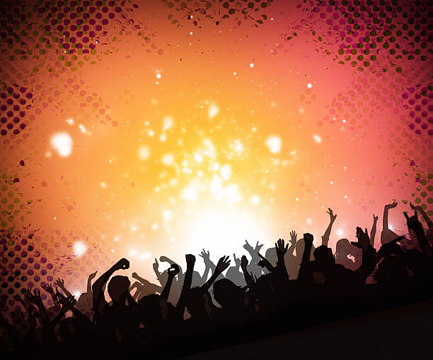 Music Party Crowd Background colorful music background of dancing people silhouettes for nightclub party posters and flyers. block party stock illustrations