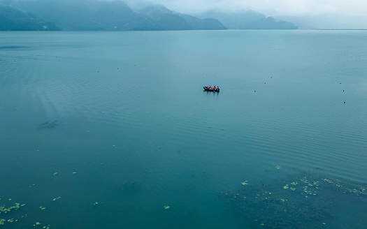 Drone view during Nepal-China Friendship Dragon Boat Race Festival held at Phewa Lake, Pokhara, Nepal, on  Saturday June 24, 2023