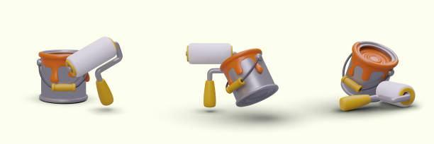 istock 3D can of paint and roller brush. Set of images on light background 1516712786