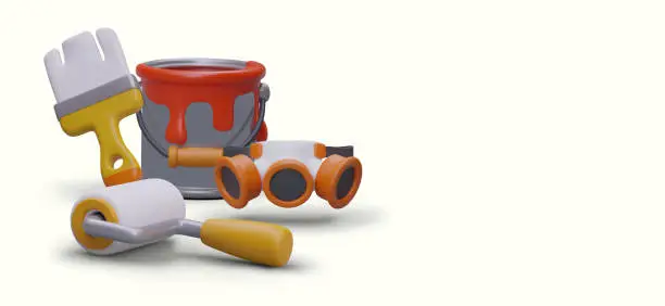 Vector illustration of Set of tools for painting. Large selection of equipment, paints, primers