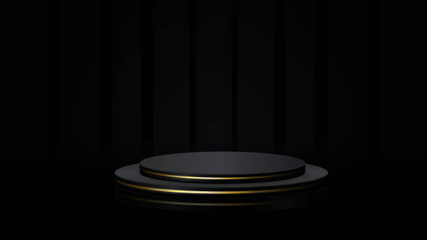 istock Black podium with golden rim on black background. Vector geometric forms.Stage for showcase, Product display. 1516723107
